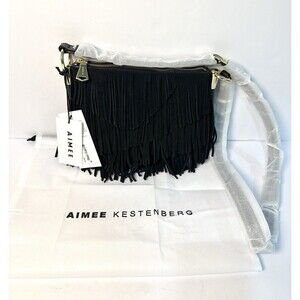 NWT Aimee Kestenberg Black Leather Fringe Crossbody Shoulder Bag Gold Hardware